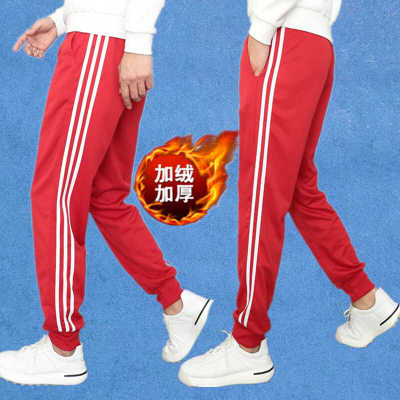 校服裤子保暖加厚一道杠大红色
