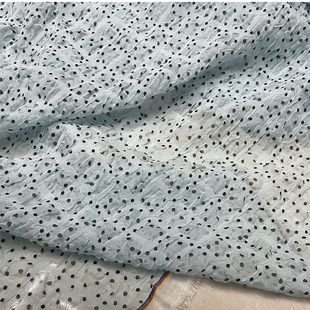 法国雪纺格纹蓝底黑点仿真丝压皱春夏进口服装裙子DIY汉服面料