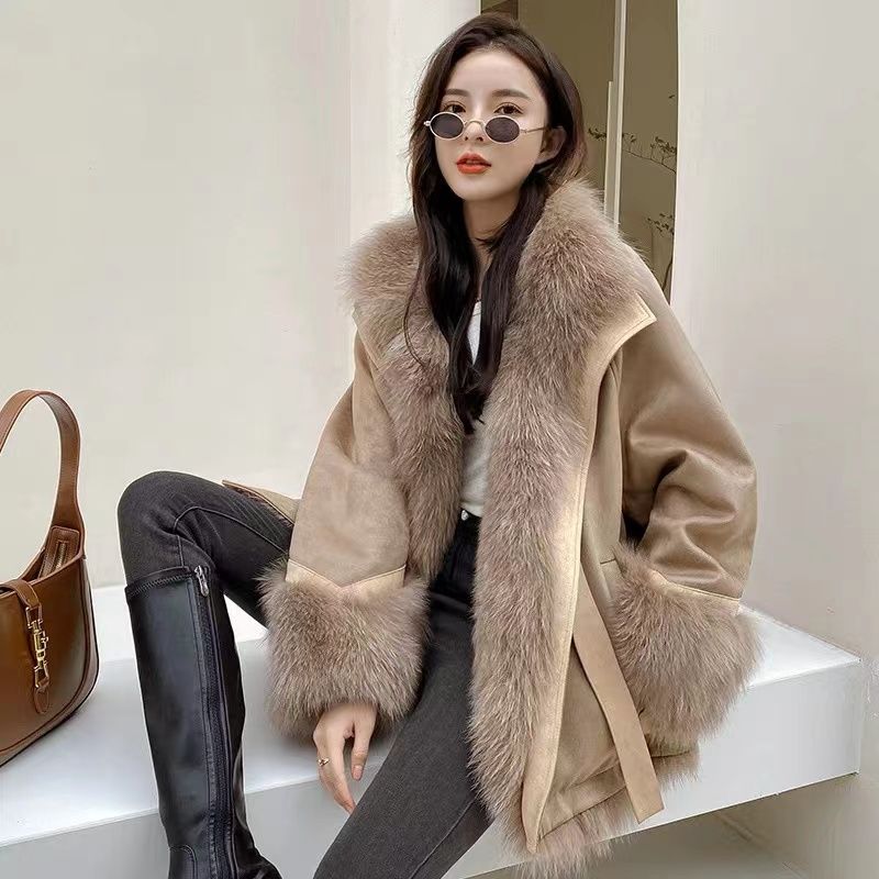 2024新款双面穿麂皮绒拼接狐狸毛环保皮草内胆派克服外套女中长款