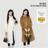 2025冬新款 羽绒服女气质休闲中长款 羊剪绒立领简约外套白鸭绒大衣