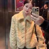 韩系高级感金叶貂环保仿皮草外套女2025冬季 皮毛一体保暖上衣 新款