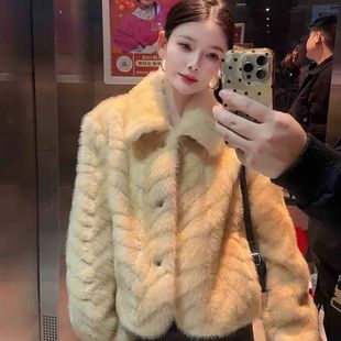 韩系高级感金叶貂环保仿皮草外套女2025冬季新款皮毛一体保暖上衣