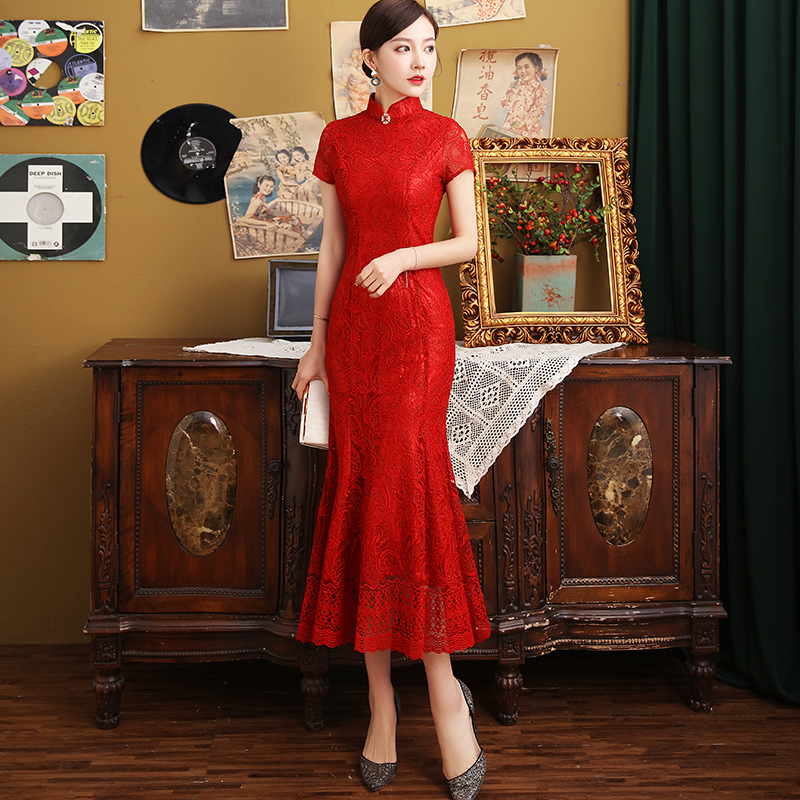 晨恋丈母娘喜妈妈新娘婚宴礼服年轻时尚蕾丝鱼尾旗袍连衣裙改良裙
