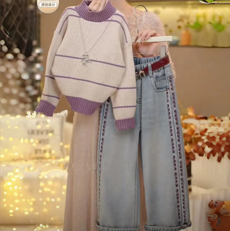 女童2026冬季韩版新款圆领毛衣拼条纹针织加绒牛仔裤套装5927,童装/婴儿装/亲子装,套装,淘宝优惠券,粉丝福利购,淘宝优惠卷