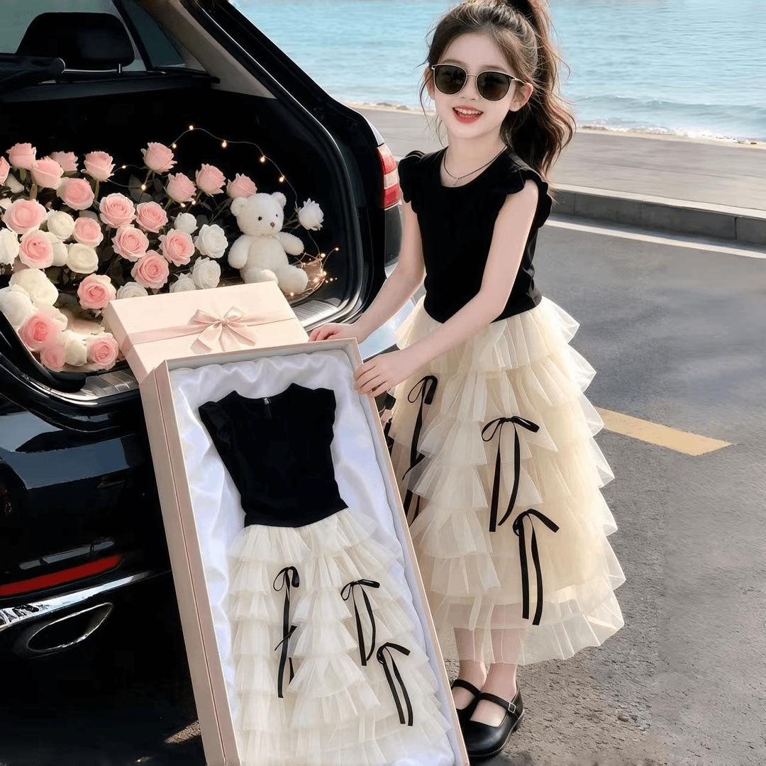 女童夏季新款2026儿童套装甜美风洋气百搭蝴蝶结无袖纱裙两件套潮