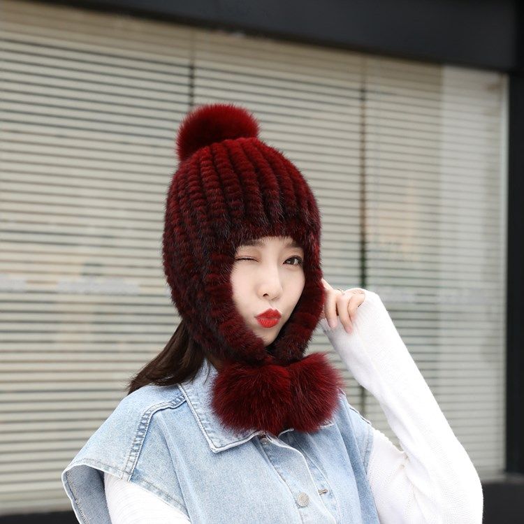水貂毛帽子女貂皮编织皮草帽冬季加厚保暖狐狸毛球大护耳帽女