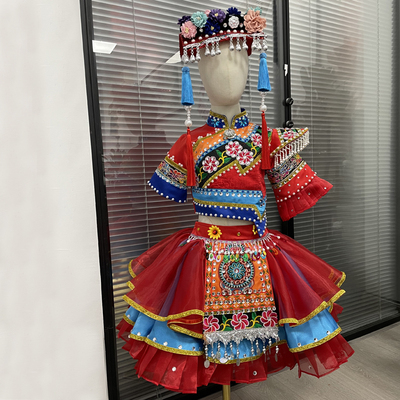 新款羌红快乐阳光儿童演出服彝族羌族女童民族舞台独唱表演服定制
