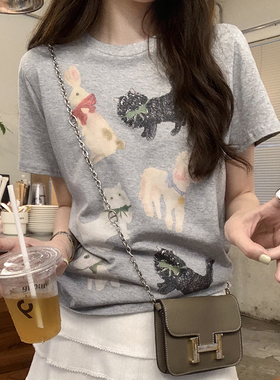 韩系chic宽松慵懒风短袖t恤女夏季2025新款卡通动物图案印花上衣
