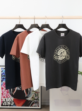 美式复古印花！夏季新款男士亲肤透气圆领磨毛全棉打底短袖T恤衫