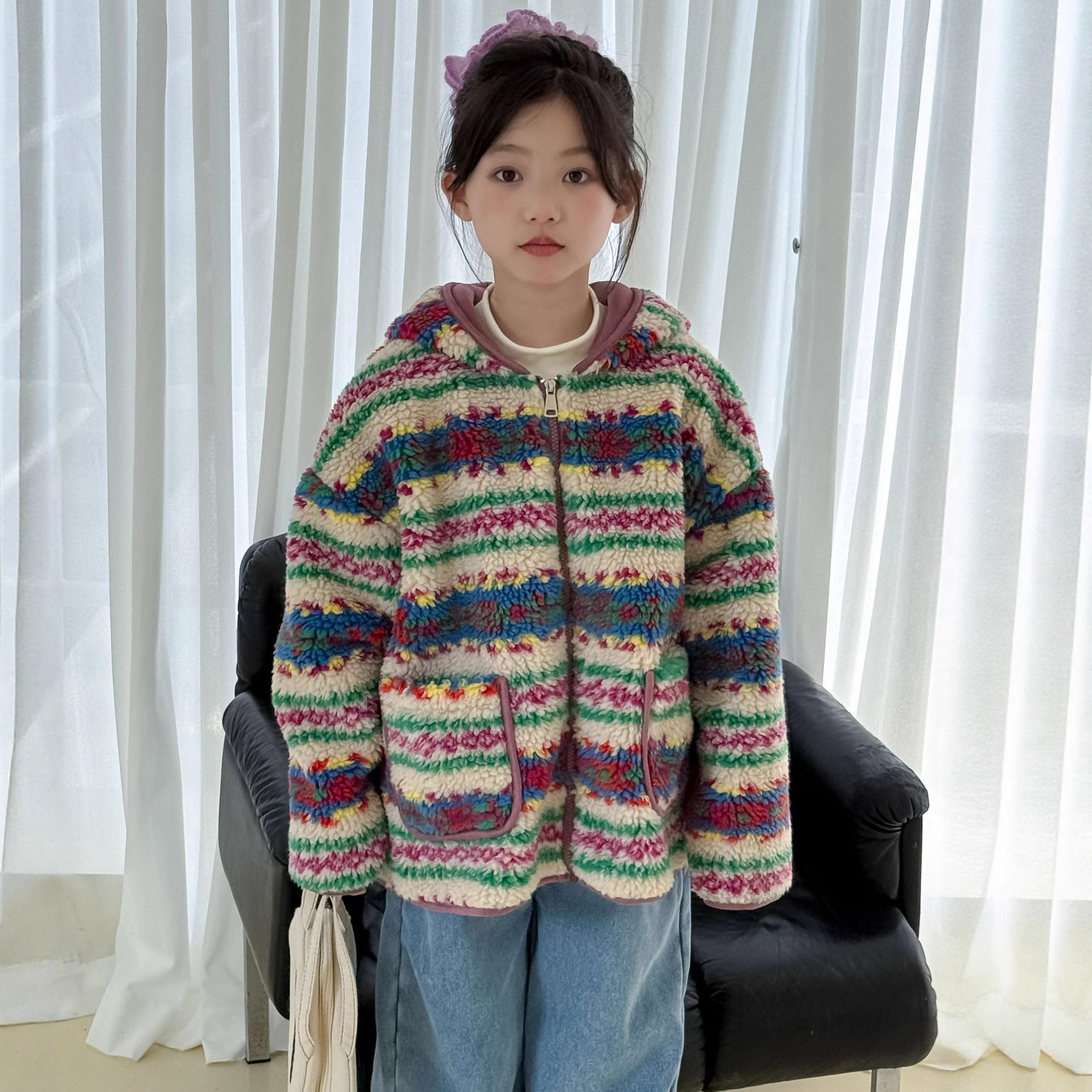 童装2025冬男女童撞色羊羔绒皮毛一体外套儿童保暖韩版大衣仿皮草