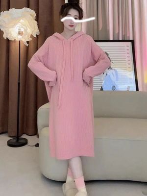 少女风慵懒风针织毛衣裙坑条