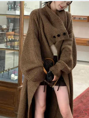 慵懒风大翻领针织开衫女秋冬长款过膝毛衣外套高级感洋气韩版大衣