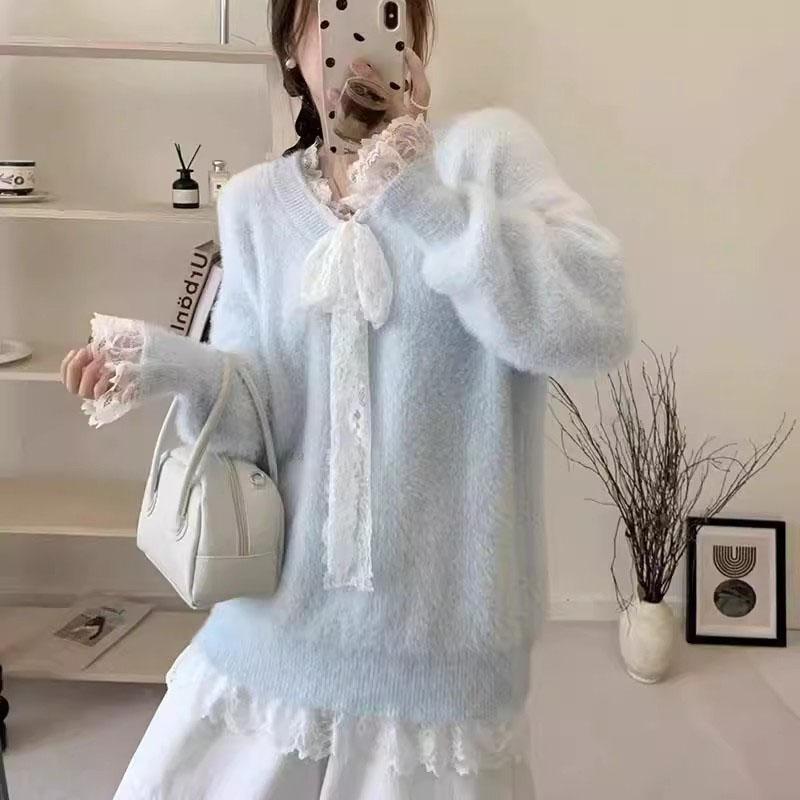 仿貂绒蕾丝毛衣V领宽松上衣