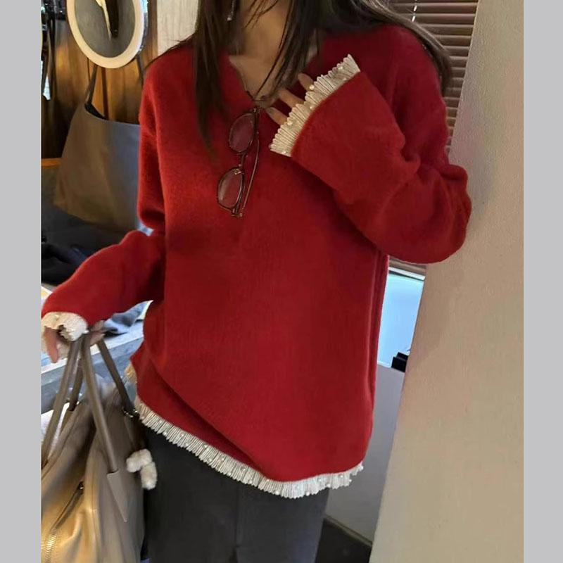 蕾丝边针织毛衣高级感红色上衣