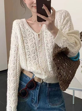 春季新款V领镂空韩版针织开衫女钩花网织短上衣长袖外搭温柔薄款