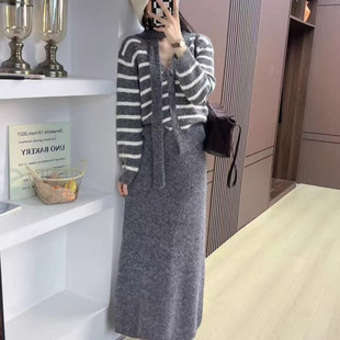 秋冬新款条纹针织套装女宽松开衫半身裙V领飘带韩系显瘦休闲3件套