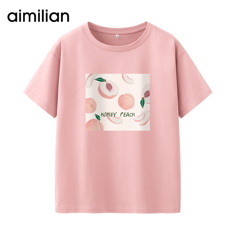 艾米戀純棉短袖t恤2022年新款夏季圓領寬松半袖上衣粉色印花體恤
