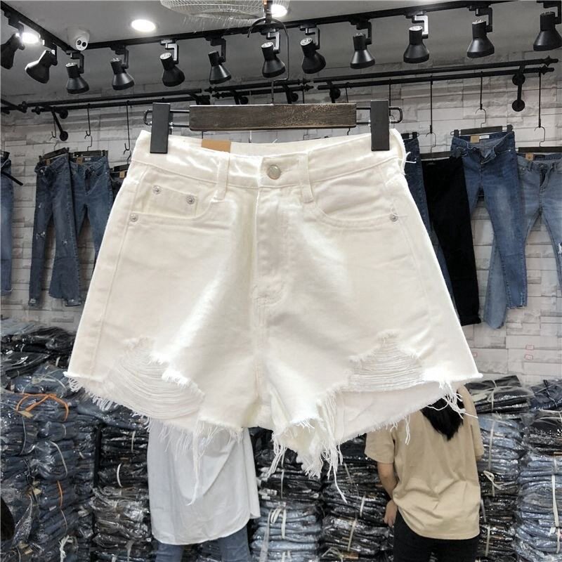 破洞牛仔短裤女夏新款韩版宽松百搭显瘦网红破洞毛边阔腿a字热裤