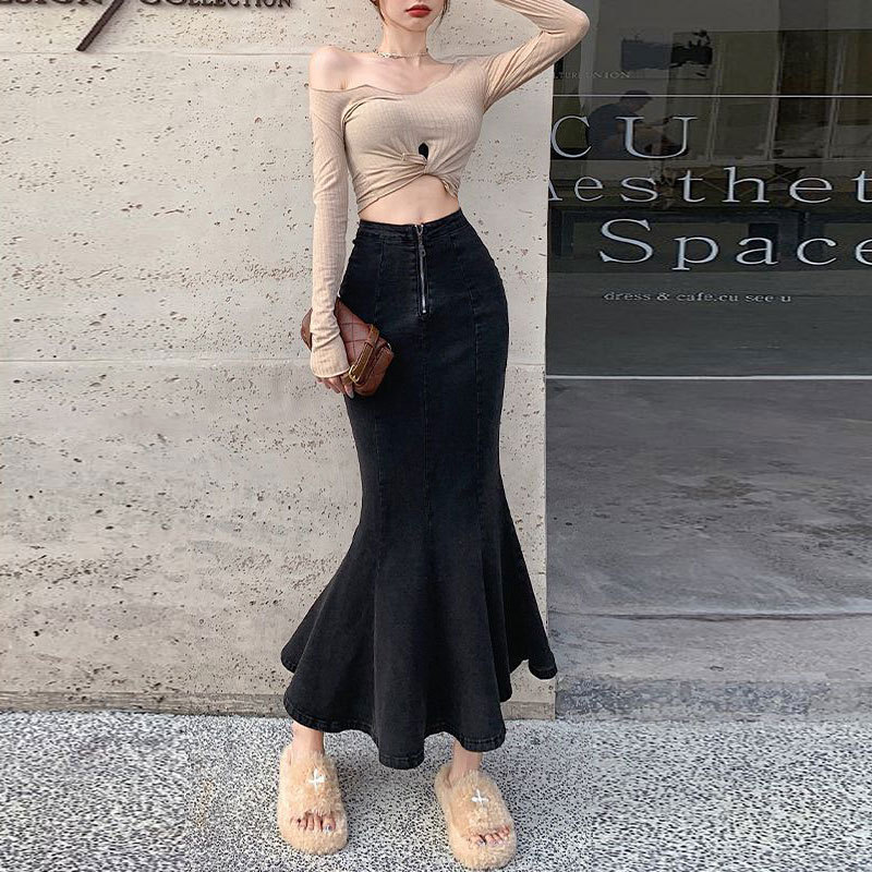 半身牛仔裙女2025年春季设计感小众包臀鱼尾裙中长款弹力开叉裙子