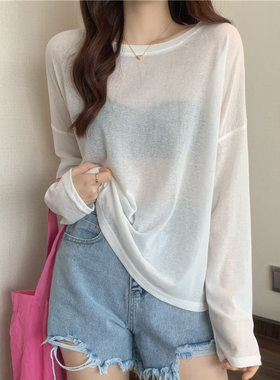 夏季新款百搭纯色宽松圆领长袖冰丝防晒T恤打底衫女韩版修身上衣