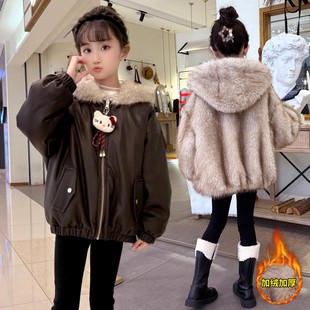 女童冬装时髦洋气两面穿皮草衣外套中大儿童孩加绒厚连帽棉服夹克