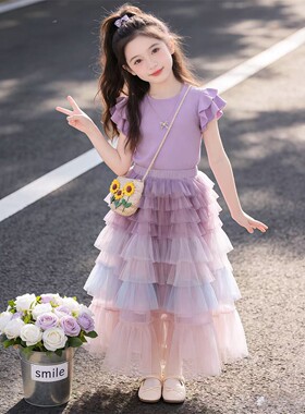 女童夏季套装2026新款儿童巨好看飞袖T恤洋气绝美蛋糕裙两件套潮