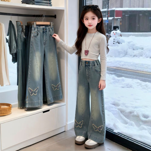 女童裤子春秋季2026新款儿童洋气牛仔裤女大童初春宽松百搭阔腿裤