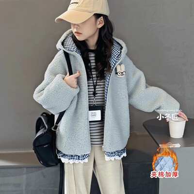 女童外套秋冬2025新款儿童装洋气超好看夹棉加厚连帽羊羔绒毛毛衣