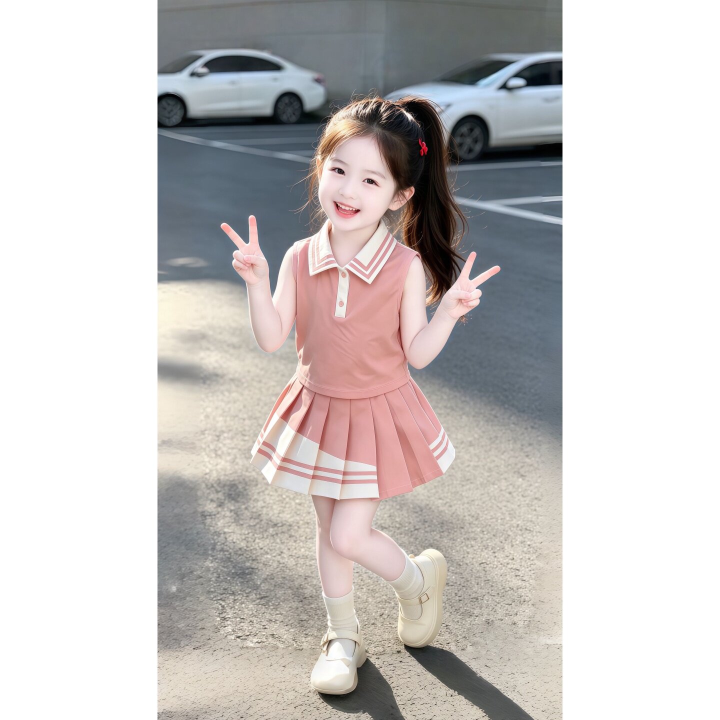 艺森女童夏季学院风无袖POLO衫百褶裙两件套韩版后背大蝴蝶结套装图片