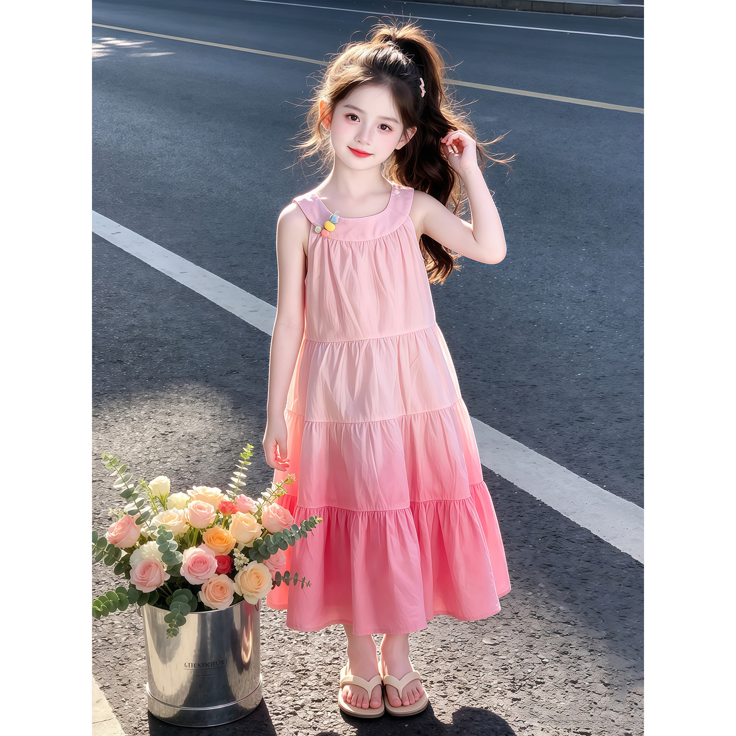 女童夏季挂脖连衣裙2026新款洋气夏装渐变色裙子初中生女孩公主裙图片