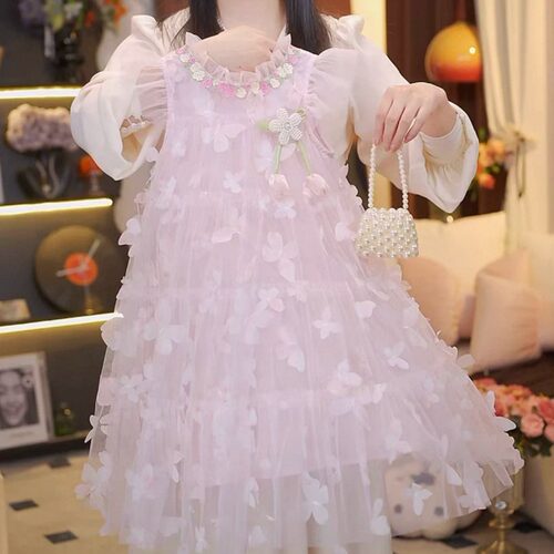 女童夏季甜美风花边领无袖蝴蝶超仙网纱连衣裙2026新款女宝公主裙