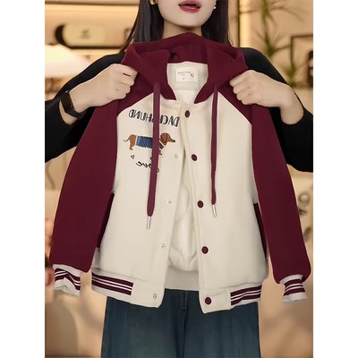 女童外套秋冬装2025新款儿童洋气夹棉加厚棒球服大童连帽上衣冬季