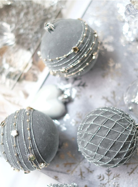 8CM10厘米圣诞球绒面BG圣诞装饰品外贸挂件轻奢灰色银色质感挂球