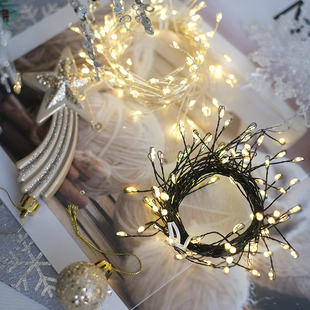 BG圣诞树灯串鞭炮灯INS风圣诞节装饰遥控LED灯黑线铜线灯节日布置