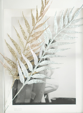BG DESIGN银色香槟金色闪粉圣诞装饰品仿真叶子插枝圣诞树DIY布置