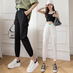 實拍冰絲運動褲女夏季2021年新款寬鬆束腳九分白色速干休閒工裝褲