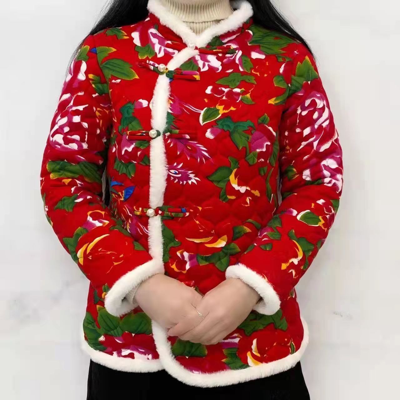 加厚网红外套短款东北大花棉袄女中国风时尚碎花百搭立领盘扣驼绒