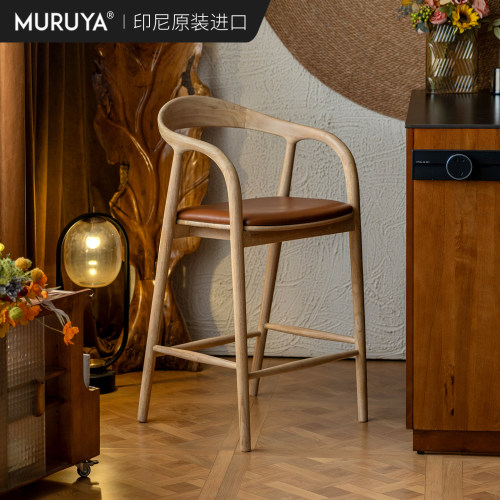 进口实木高脚椅真皮软包中古吧椅