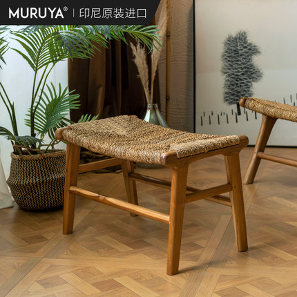 原装进口换鞋凳实木藤编脚踏搁脚凳矮凳家用沙发凳子门口穿鞋凳