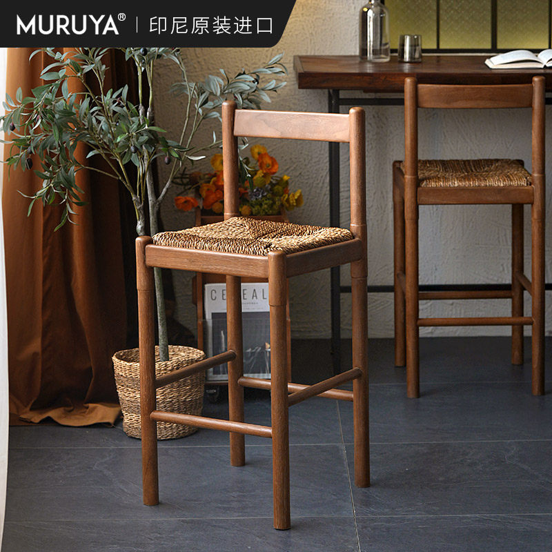 进口实木高脚椅藤编中古吧台椅复古家用设计师酒店民宿靠背餐椅