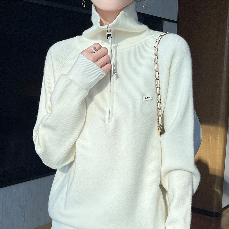 毛衣慵懒翻领拉链针织衫半开高领设计感上衣秋冬新款宽松外穿毛衫