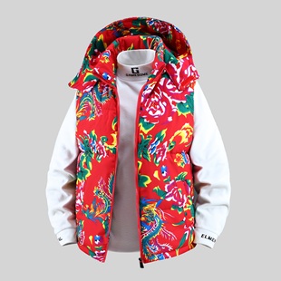 冬北花色保暖坎肩背心红色大花褂子男中国风东北大花棉马甲外套潮
