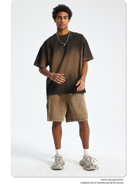 Artiemaster美式街头小众潮牌水洗做旧渐变破洞磨边半袖T恤短袖