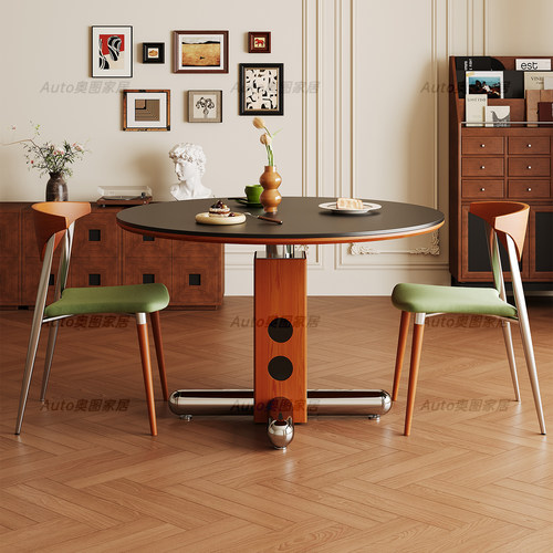 中古风岩板圆桌复古金属腿圆形