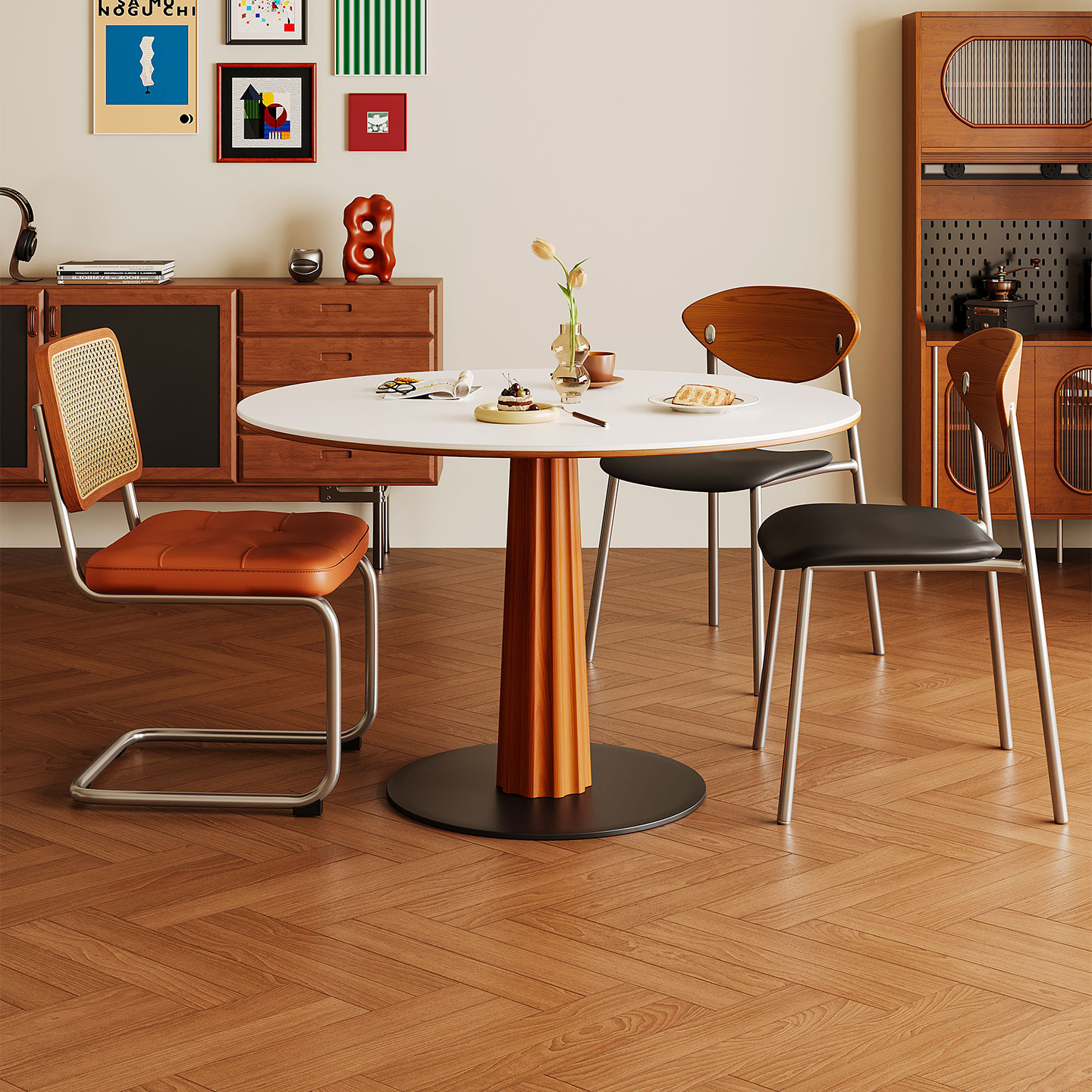 中古风圆桌小户型家用岩板圆桌