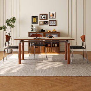 中古风实木岩板餐桌小户型复古中古风维亚长方形哑光洞石岩板饭桌