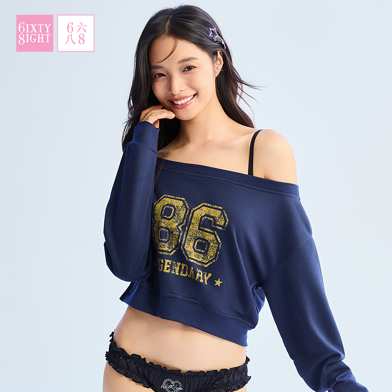 68女装美式复古校园风短款露脐长袖卫衣上衣辣妹个性