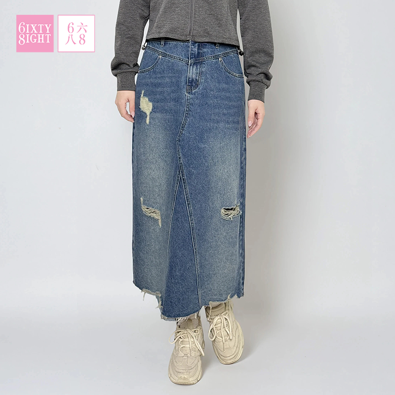 68女装秋新款中腰舒适牛仔半裙中长款做旧复古风