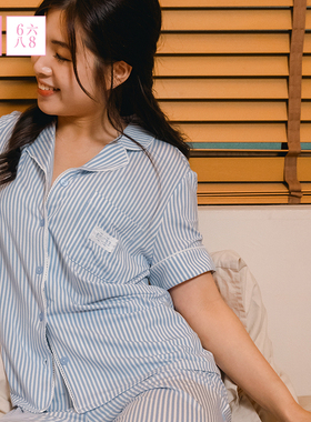 68睡衣女秋冬莫代尔宽松短袖刺绣口袋开衫长裤透气翻领家居服套装