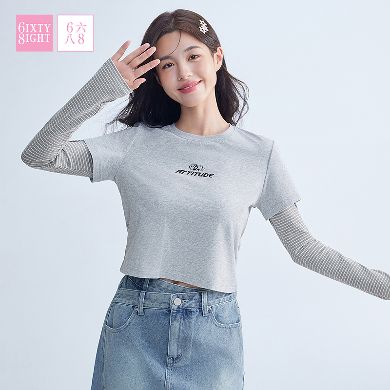 6IXTY8IGHT 68女装简约时尚字母印花假两件修身长袖T恤TP10964